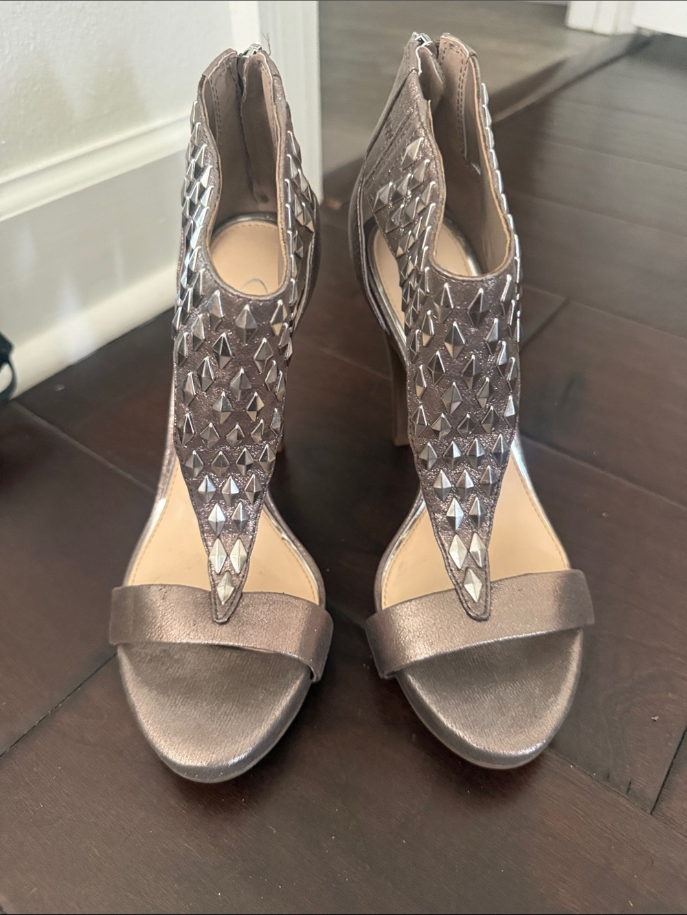 Jessica Simpson Metallic Taupe Studded T-Strap High Heels